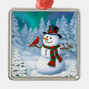 Glücklicher Weihnachtsmann & Vögel Winterlandschaf Silbernes Ornament