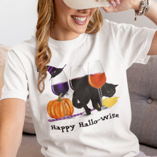 Glücklicher Wein Hexe Halloween Schwarze Katze Bes T-Shirt