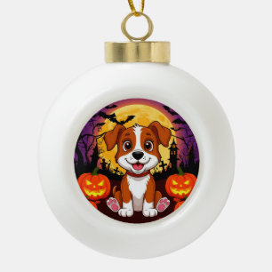 Glücklicher Welpe in einem Halloween-Szenario mit Keramik Kugel-Ornament