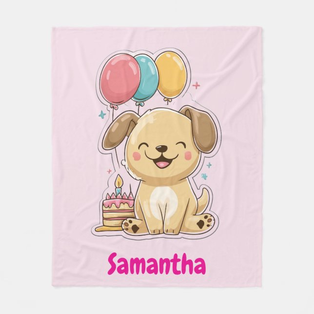 Glücklicher Welpe, Mädchen, 1. Geburtstagsgeschenk Fleecedecke (Vorderseite)