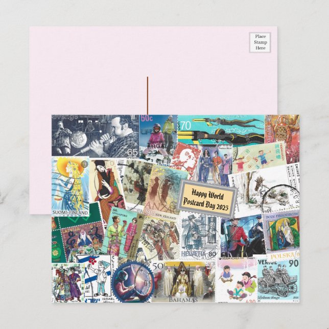 Glücklicher Weltpostkartentag - Postage mit Mensch Postkarte (Vorne/Hinten)