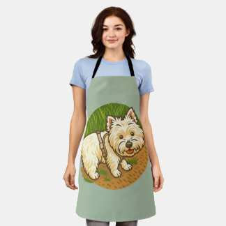 Glücklicher Westie auf dem Naturpfad Schürze