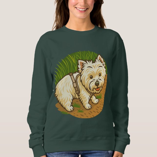 Glücklicher Westie auf dem Naturpfad Sweatshirt (Vorderseite)