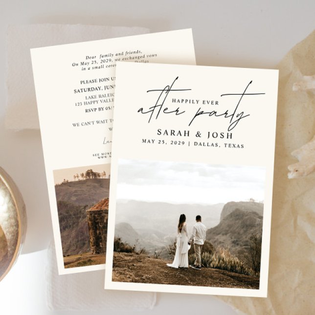 Glücklicherweise immer nach 2 Fotos Creme Hochzeit Ankündigung (Easily personalize this wedding reception invite with your wedding photos and details - so easy!)