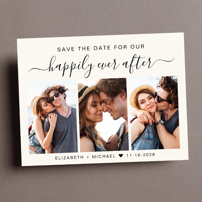 Glücklicherweise immer nach 3 Foto Creme Save the  Ankündigungspostkarte (A stylish save the date photo collage announcement postcard for your wedding)