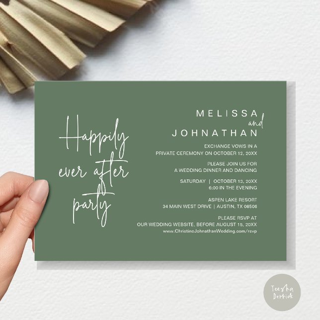 Glücklicherweise immer nach dem Abendessen, Hochze Einladung (Happily Ever After Party, Modern Wedding Elopement Dinner Invitation Card, PDF, in Sage Green)