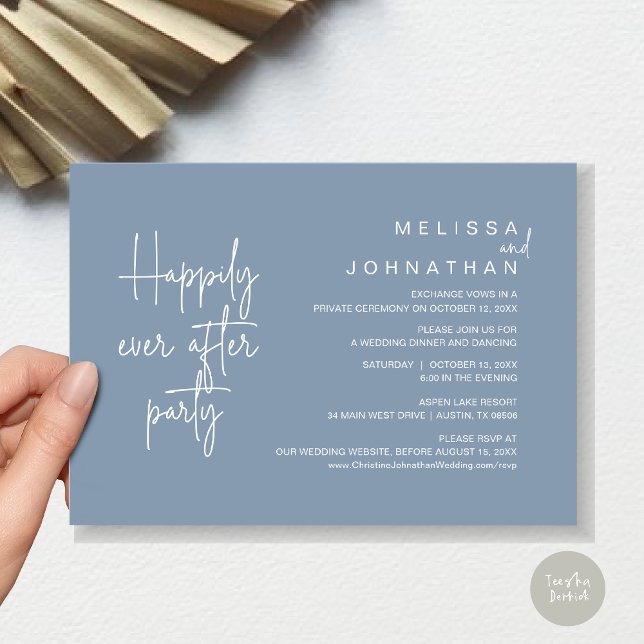 Glücklicherweise immer nach dem Abendessen, Hochze Einladung (Happily Ever After Party, Modern Wedding Elopement Dinner Invitation Card, PDF, in Dusty Blue)