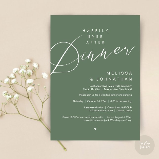 Glücklicherweise immer nach dem Abendessen, Hochze Einladung (Happily Ever After Dinner Invitation Card, PDF, Modern Romantic Wedding Elopement , in Sage Green)