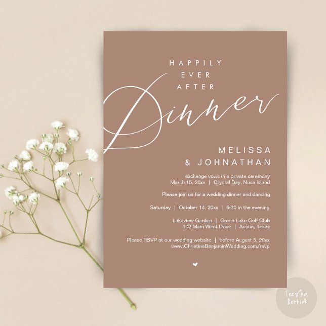 Glücklicherweise immer nach dem Abendessen, Hochze Einladung (Happily Ever After Dinner Invitation Card, PDF, Modern Romantic Wedding Elopement , in Warm Taupe)