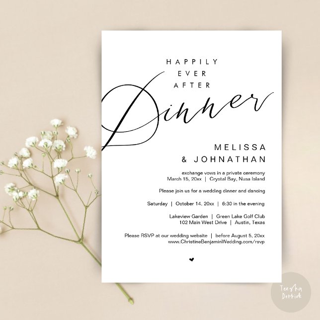 Glücklicherweise immer nach dem Abendessen, Hochze Einladung (Happily Ever After Dinner Invitation Card, PDF, Modern Romantic Wedding Elopement , in Black White)