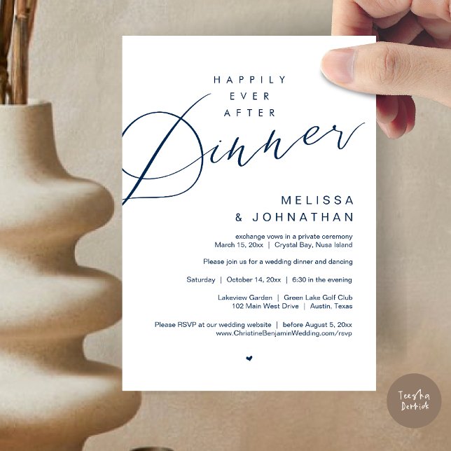 Glücklicherweise immer nach dem Abendessen, Hochze Einladung (Happily Ever After Dinner Invitation Card, PDF, Modern Romantic Wedding Elopement , in Navy Blue)