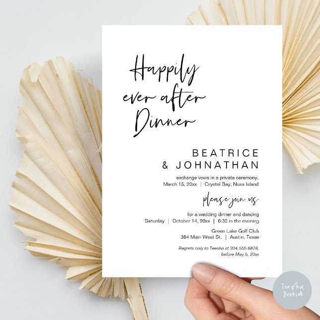 Glücklicherweise immer nach dem Abendessen, Hochze Einladung (Happily Ever After Dinner, Modern Wedding Elopement Party Invitation Card, PDF, in Black and White)