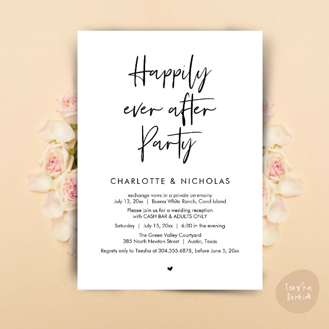 Glücklicherweise immer nach dem Abendessen Hochzei Einladung (Happily Ever After Modern Dinner Wedding Reception Party Cash Bar Invitation Card PDF Black White)