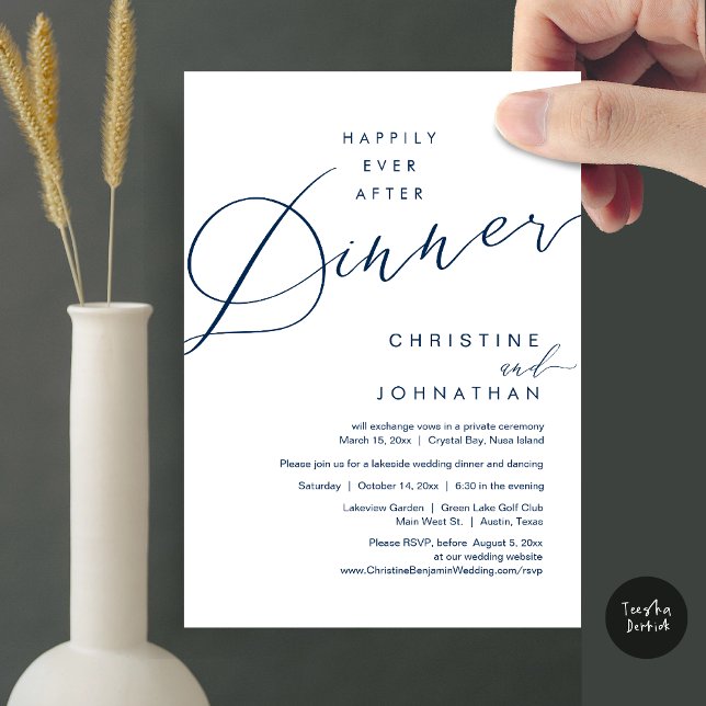 Glücklicherweise immer nach dem Abendessen Hochzei Einladung (Happily Ever After Dinner Wedding Elopement Script Invitation Card, PDF, Modern Romantic, Navy Blue)