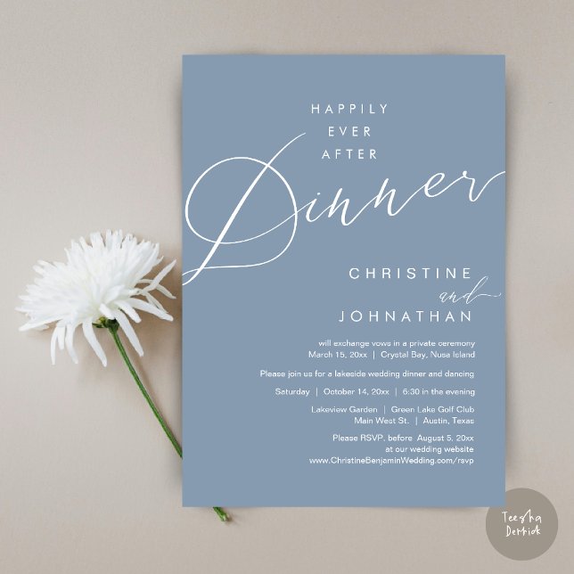 Glücklicherweise immer nach dem Abendessen Hochzei Einladung (Happily Ever After Dinner Wedding Elopement Script Invitation Card, PDF, Modern Romantic, Dusty Blue)