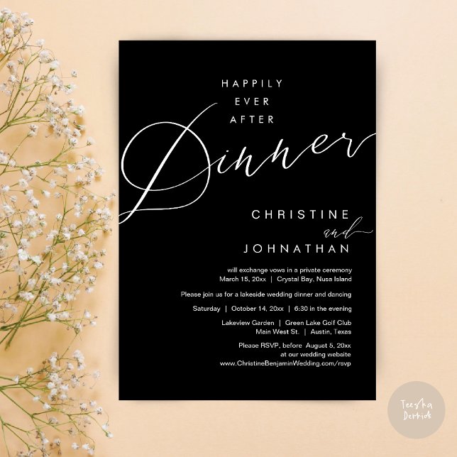 Glücklicherweise immer nach dem Abendessen Hochzei Einladung (Happily Ever After Dinner Wedding Elopement Script Invitation Card, PDF, Modern Romantic, in Black)