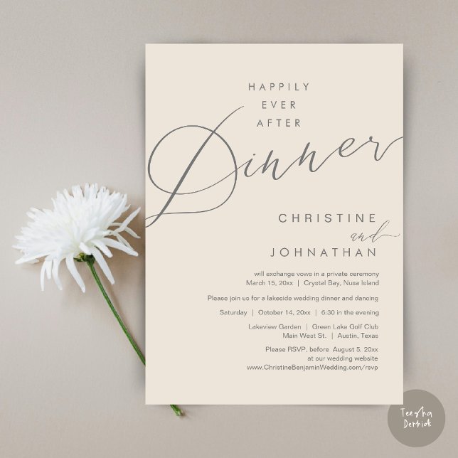 Glücklicherweise immer nach dem Abendessen Hochzei Einladung (Happily Ever After Dinner Wedding Elopement Script Invitation Card, PDF, Modern Romantic, Cream Grey)