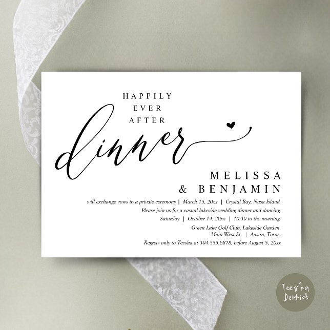 Glücklicherweise immer nach dem Abendessen Hochzei Einladung (Happily Ever After Dinner Invitation Card, PDF, Romantic Wedding Elopement, Lovely Heart, Black)