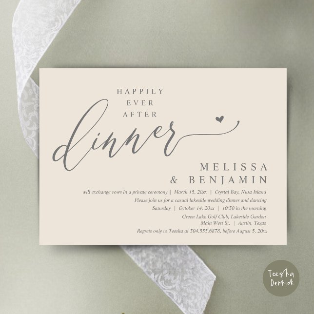 Glücklicherweise immer nach dem Abendessen Hochzei Einladung (Happily Ever After Dinner Invitation Card, PDF, Romantic Wedding Elopement, Lovely Heart, Cream Grey)