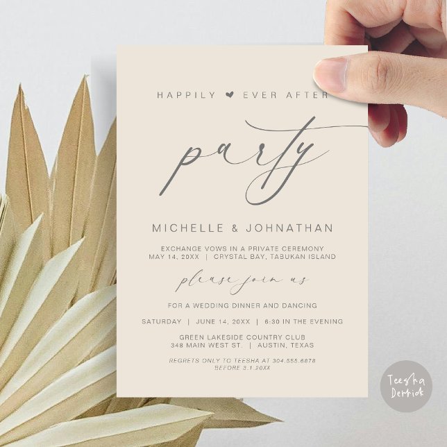 Glücklicherweise immer nach dem Abendessen Party,  Einladung (Happily Ever After Party, Wedding Elopement Dinner Brunch Invitation Card, PDF, Cream Grey)