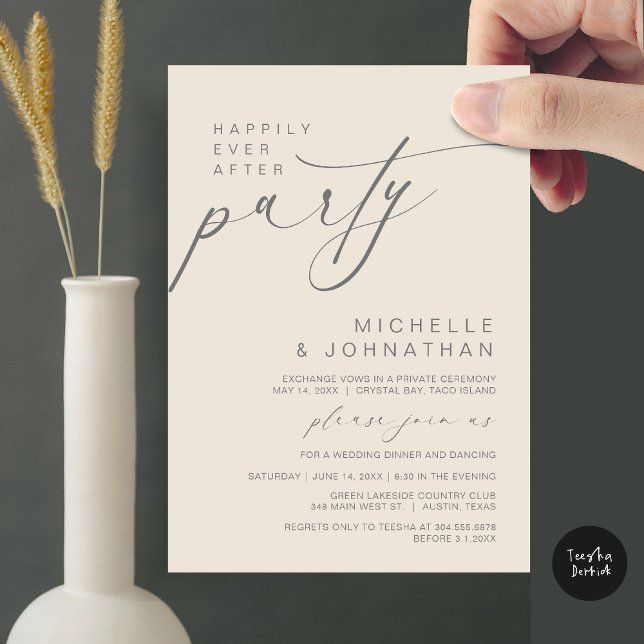 Glücklicherweise immer nach dem Abendessen Party,  Einladung (Happily Ever After Party, Wedding Elopement Dinner Brunch Invitation Card, PDF, Cream Grey)