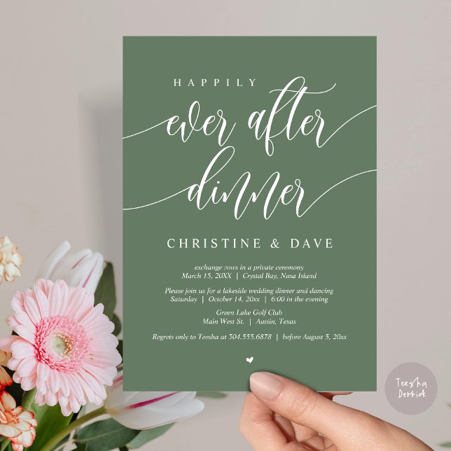 Glücklicherweise immer nach dem Abendessen, Sage G Einladung (Happily Ever After Dinner Invitation Card, PDF, Modern Calligraphy Script, in Sage Green)