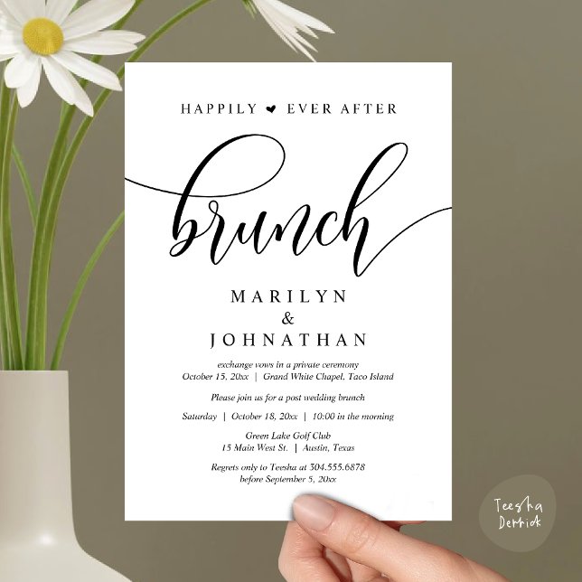 Glücklicherweise immer nach dem Brunch, Hochzeit p Einladung (Happily Ever After Lunch, Wedding Party Invitation Card PDF Modern Beautiful White Black)