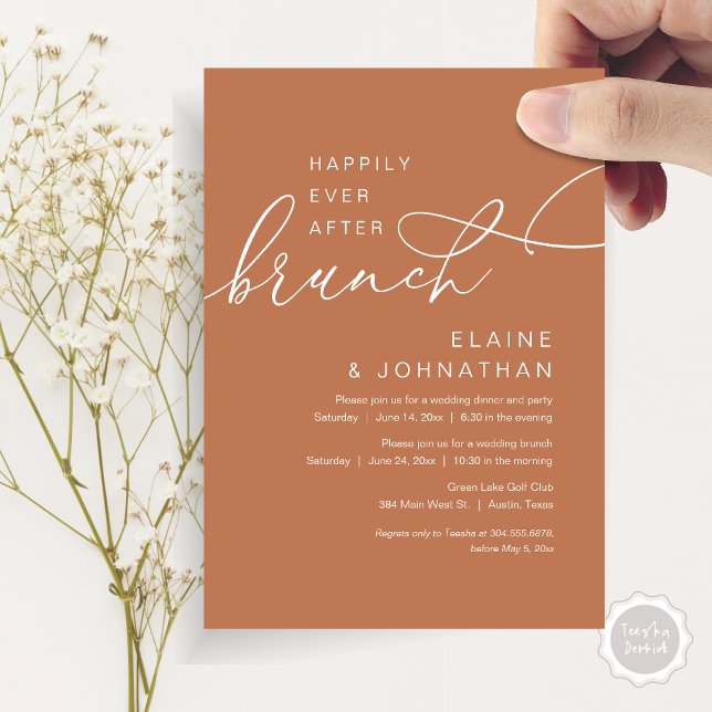 Glücklicherweise immer nach dem Brunch, Hochzeitsf Einladung (Happily Ever After Brunch Invitation Card, PDF, in Modern Romantic Script, Copper Rust )