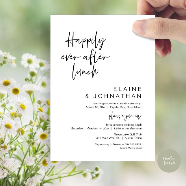 Glücklicherweise immer nach dem Brunch, Hochzeitsf Einladung (Happily Ever After Lunch, Modern Wedding Elopement Party Invitation Card, PDF, in Black and White)
