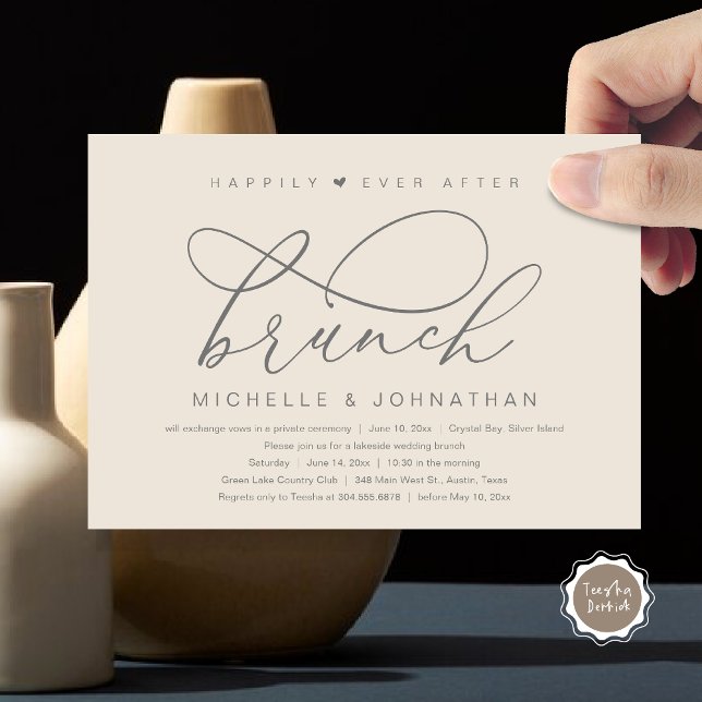 Glücklicherweise immer nach dem Brunch, modernes r Einladung (Happily Ever After Brunch Party, Invitation Card, Modern Romantic Wedding Elopement, Dark Grey Cream)