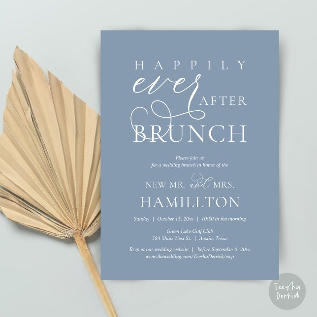 Glücklicherweise immer nach dem Brunch Post Hochze Einladung (Happily Ever After Brunch Post Wedding Celebration Invitation Card, PDF, in Dusty Blue)