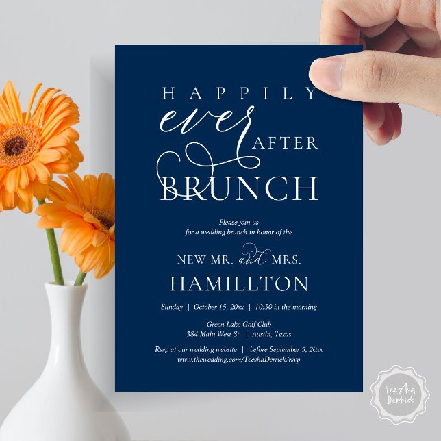 Glücklicherweise immer nach dem Brunch Post Hochze Einladung (Happily Ever After Brunch Post Wedding Celebration Invitation Card, PDF, in Navy Blue)