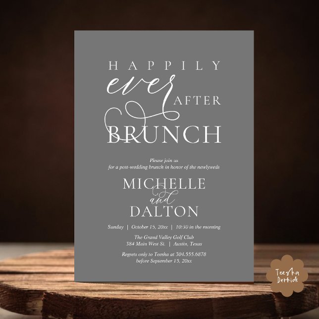 Glücklicherweise immer nach dem Brunch schöne Post Einladung (Happily Ever After Brunch Invitation Card PDF Wedding Elopement Modern Romantic Classy Dark Grey)