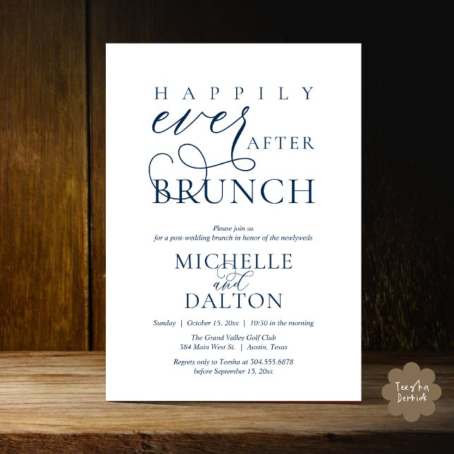 Glücklicherweise immer nach dem Brunch schöne Post Einladung (Happily Ever After Brunch Invitation Card PDF Wedding Elopement Modern Romantic Classy Navy Blue)