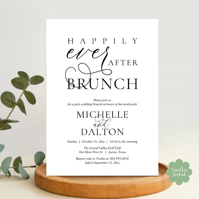 Glücklicherweise immer nach dem Brunch schöne Post Einladung (Happily Ever After Brunch Invitation Card, Post Wedding Party Crew Romantic PDF in Black White)
