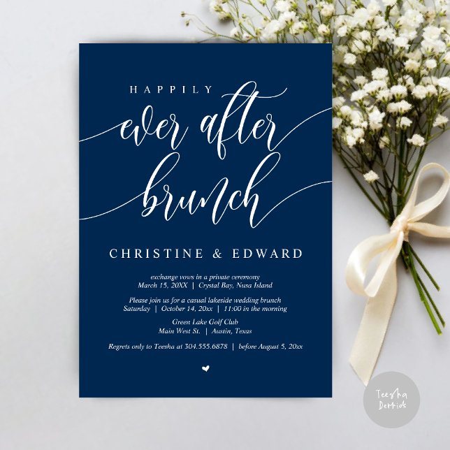 Glücklicherweise immer nach dem Elopement Brunch,  Einladung (Happily Ever After Elopement Brunch Invitation Card, Post-wedding, PDF, in Navy Blue)