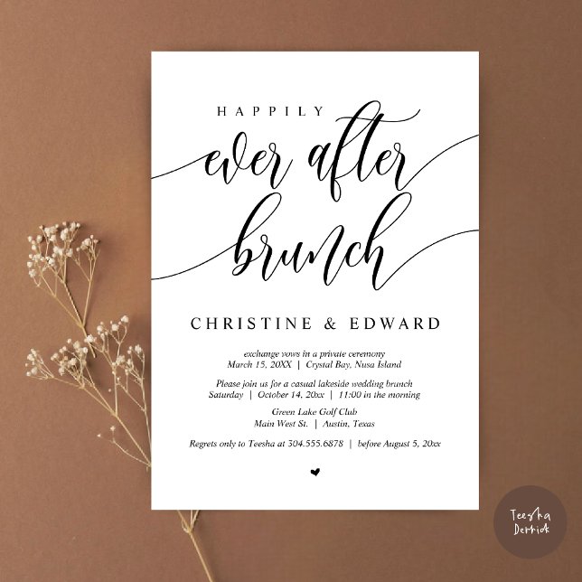 Glücklicherweise immer nach dem Elopement Brunch Einladung (Happily Ever After Elopement Brunch Invitation Card, Post-wedding, PDF, in Black and White)