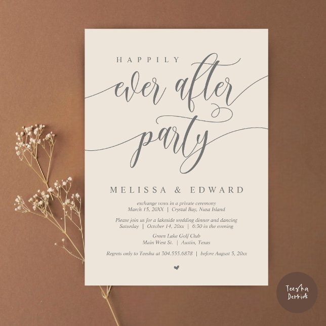 Glücklicherweise immer nach dem Elopement-Party, C Einladung (Happily Ever After Elopement Party Invitation Card, PDF, Modern Wedding Dinner, in Cream Grey  )