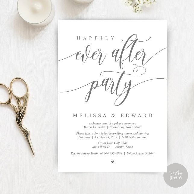 Glücklicherweise immer nach dem Elopement-Party, d Einladung (Happily Ever After Elopement Party Invitation Card, PDF, Modern Wedding Dinner, in Dark Grey)