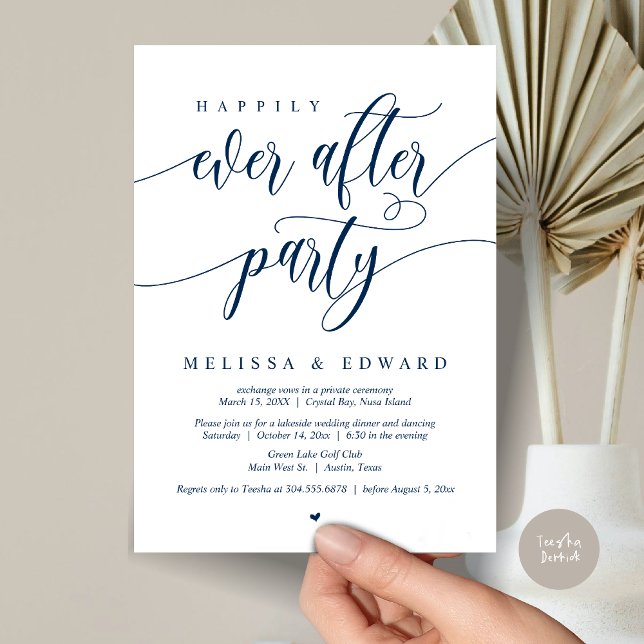 Glücklicherweise immer nach dem Elopement-Party, N Einladung (Happily Ever After Elopement Party Invitation Card, PDF, Modern Wedding Dinner, in Navy Blue)