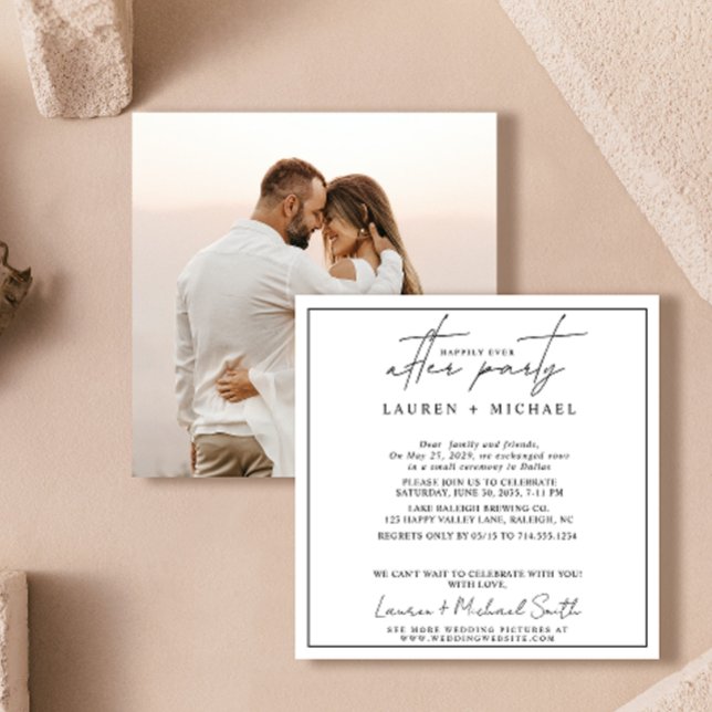 Glücklicherweise immer nach dem Foto Schwarz & Wei Ankündigung (Easily personalize this photo wedding reception invitation with your photo and unique details.)