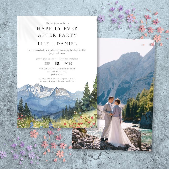 Glücklicherweise immer nach dem Foto Wasserfarben Einladung (Happily Ever After Watercolor Mountain Photo Invitation)