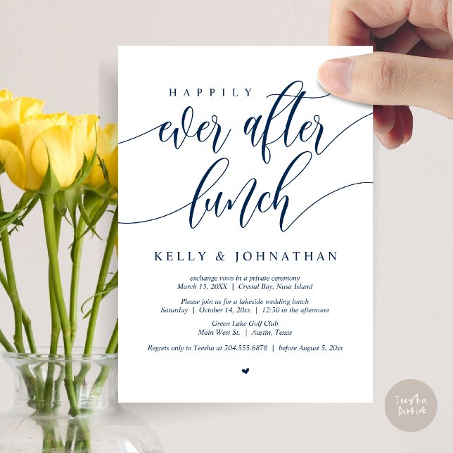 Glücklicherweise immer nach dem Hochzeitsessen, bl Einladung (Happily Ever After Wedding Lunch Invitation Card, PDF, Modern Calligraphy, in Navy Blue)