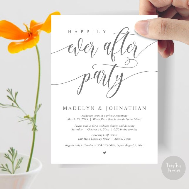 Glücklicherweise immer nach dem Hochzeitsessen im  Einladung (Happily Ever After Party, Modern Calligraphy Wedding Dinner Invitation Card, PDF, in Dark Grey)