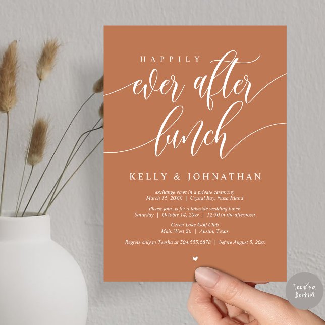 Glücklicherweise immer nach dem Hochzeitsessen, in Einladung (Happily Ever After Wedding Lunch Invitation Card, PDF, Modern Calligraphy, in Copper)