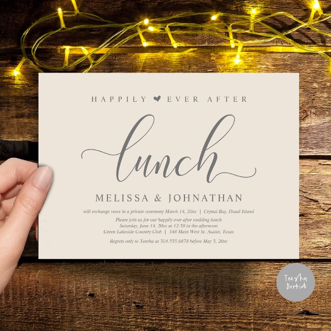 Glücklicherweise immer nach dem Mittagessen, Hochz Einladung (Happily Ever After Lunch Invitation Card, PDF, Modern Classy Script, in Cream Dark Grey)