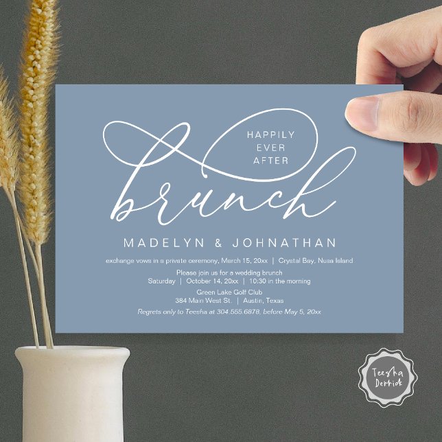 Glücklicherweise immer nach dem Mittagessen, Hochz Einladung (Happily Ever After Brunch, Wedding Elopement Party Invitation Card, PDF, Classy, Dusty Blue)
