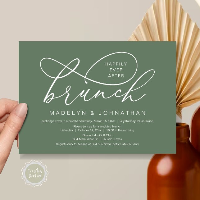 Glücklicherweise immer nach dem Mittagessen, Hochz Einladung (Happily Ever After Brunch, Wedding Elopement Party Invitation Card, PDF, Classy, Forest Sage Green)