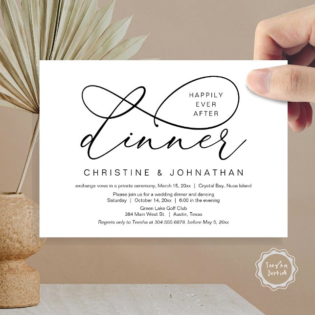 Glücklicherweise immer nach dem Mittagessen, Hochz Einladung (Happily Ever After Dinner, Wedding Elopement Invitation Card, Classy Script, in Black and White)