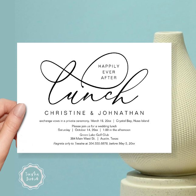 Glücklicherweise immer nach dem Mittagessen, Hochz Einladung (Happily Ever After Lunch, Wedding Elopement Invitation Card, PDF, Classy Script, Black and White)